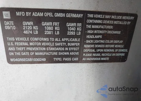 2011 Buick Regal Cxl Russelsheim from USA, damaged, VIN W04GR5EC5B1030249